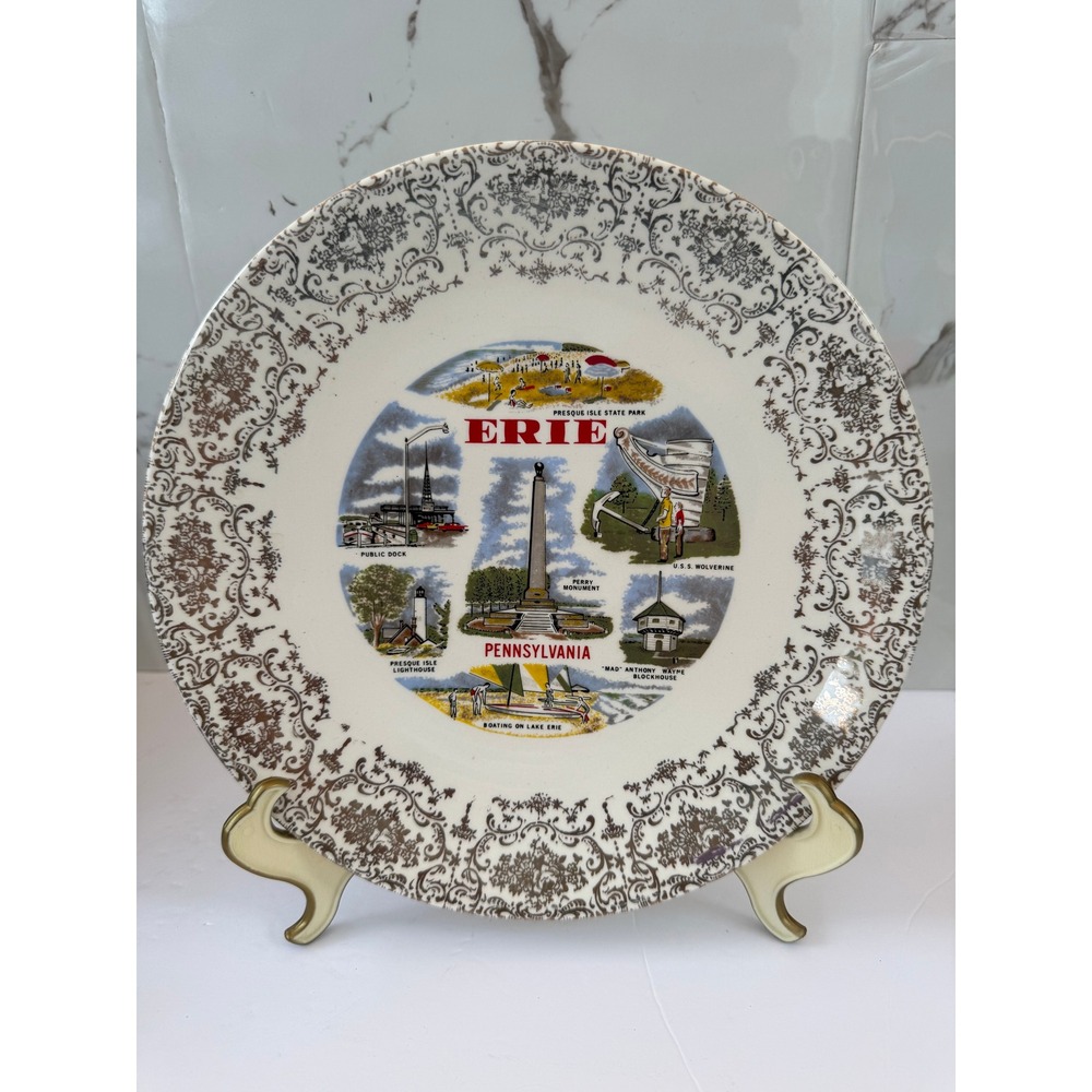 Vintage Erie Pennsylvania Souvenir Collector Plate Silver Filigree 9.25 Inch